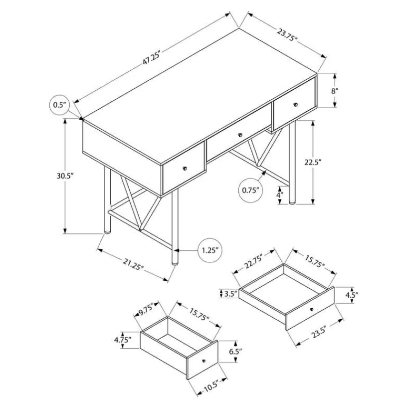 Monarch Computer desk - 3 storage drawer / metal legs v-shape design - 42"l - -