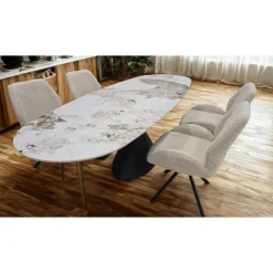 Convertible & Extendable Oval Dining Table with Pedestal & 4 Bouclé Fabric Chairs - 63"