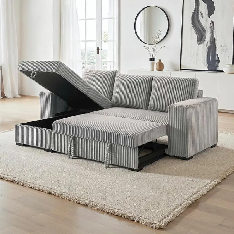Corduroy Velvet Reversible Sectional Bed with Storage