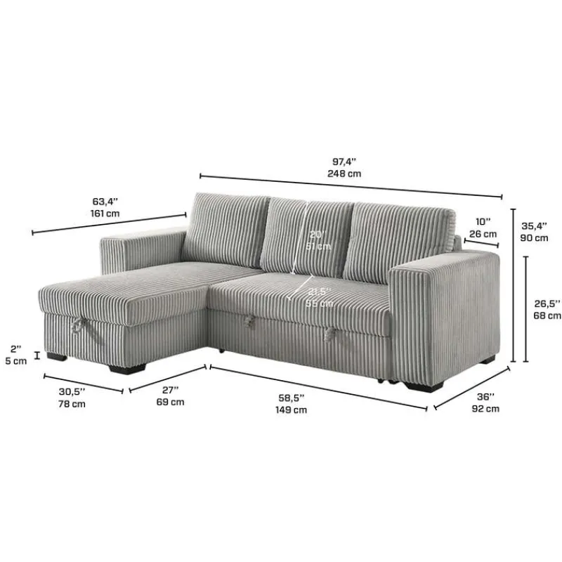 Corduroy Velvet Reversible Sectional Bed with Storage