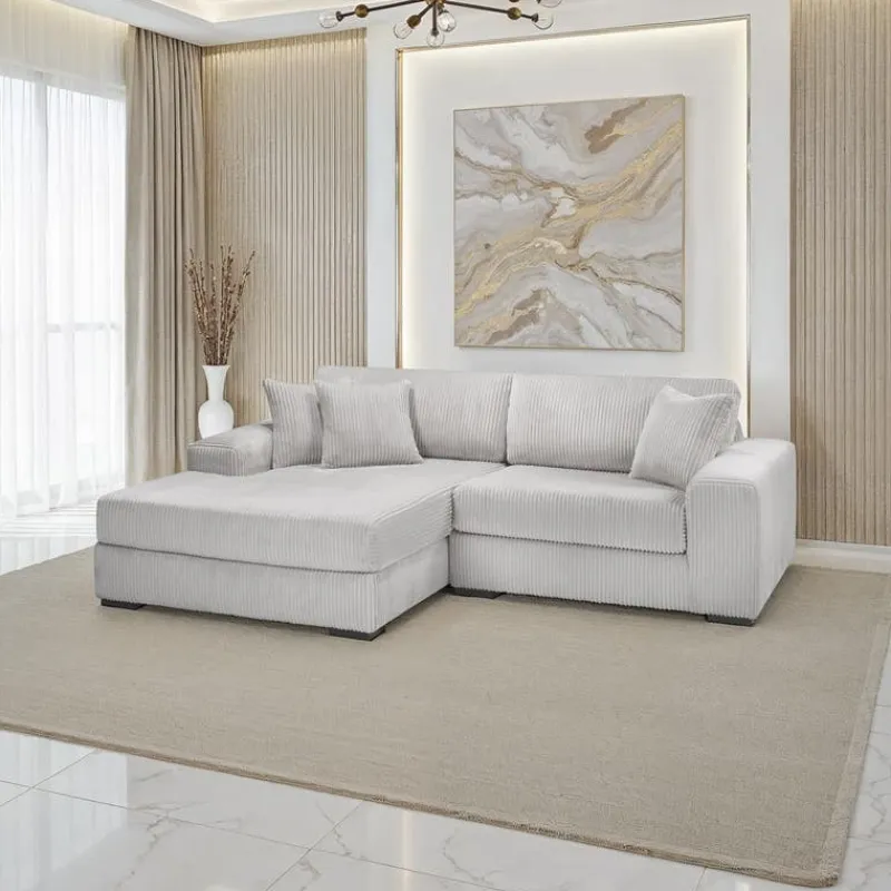 Sofa By Fancy Corduroy Velvet Sectional with Left-Side Chaise - Light Grey