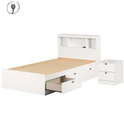 Meubles South Shore 3-Drawer Storage Twin Bed, Headboard with USB Charging and Nightstand (39