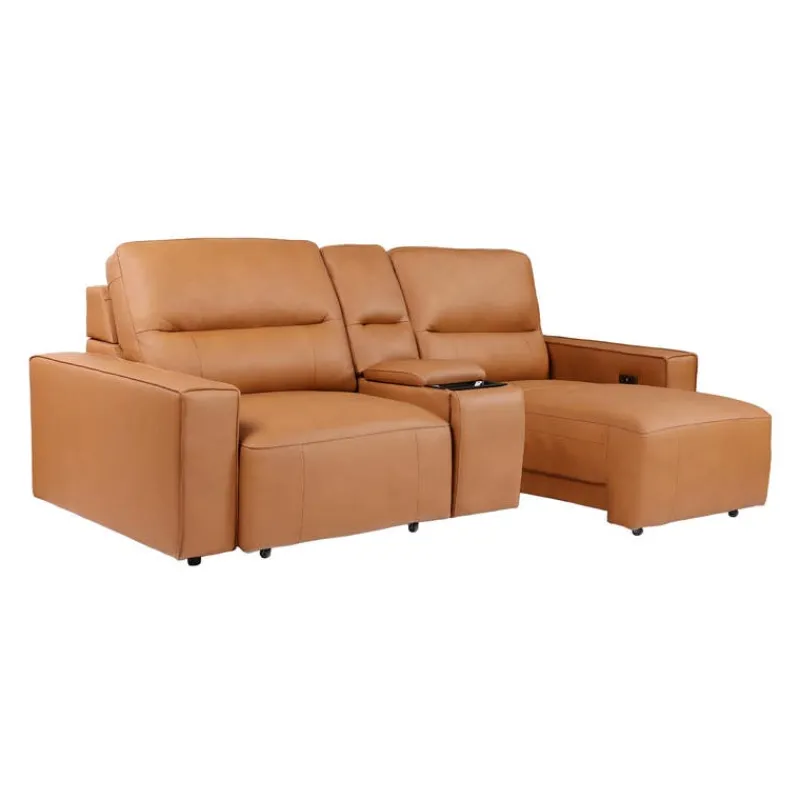 Genuine Leather Modular Loveseat with Power Sliding Seats and Media Console - 3 pcs