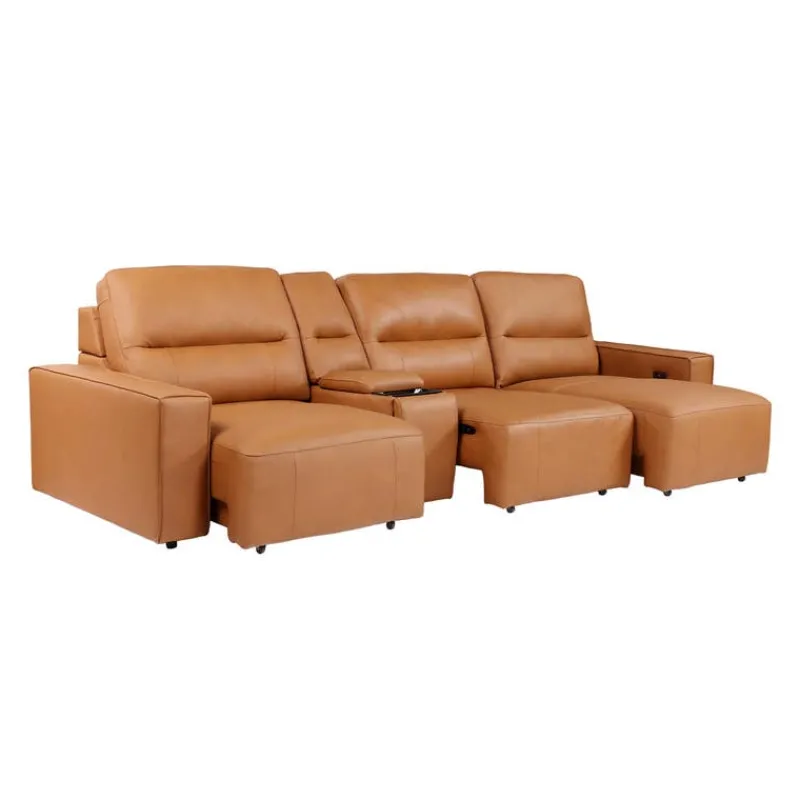 Genuine Leather Modular Sofa with Power Sliding Seats and Media Console - 4 pcs