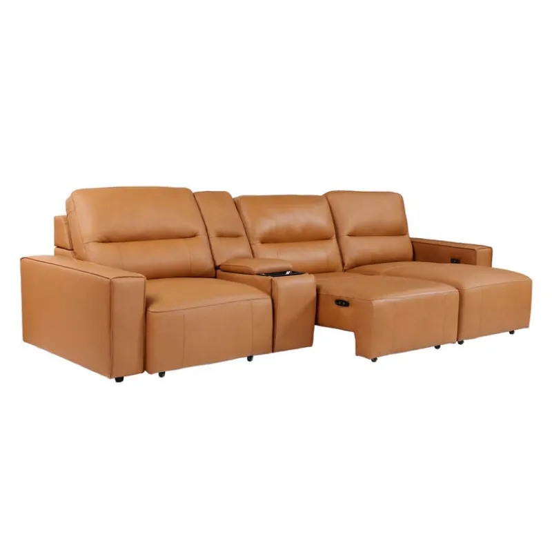 Genuine Leather Modular Sofa with Power Sliding Seats and Media Console - 4 pcs