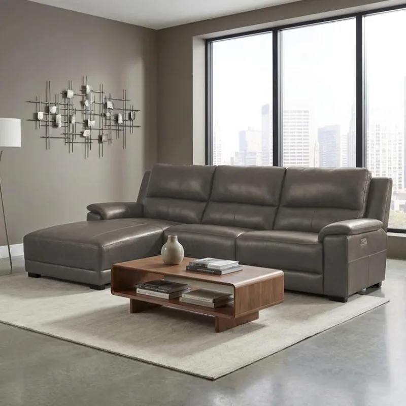 Genuine Leather Power Reclining Sectional with Chaise and Fold-Down Backrest