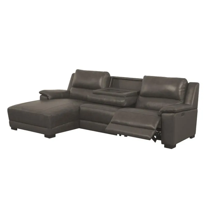 Genuine Leather Power Reclining Sectional with Chaise and Fold-Down Backrest