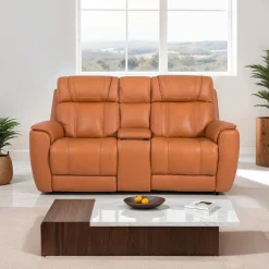 Genuine Leather Power Reclining Modular Loveseat with Adjustable Headrests, Console and Retractable Cup Holders - 3 pcs