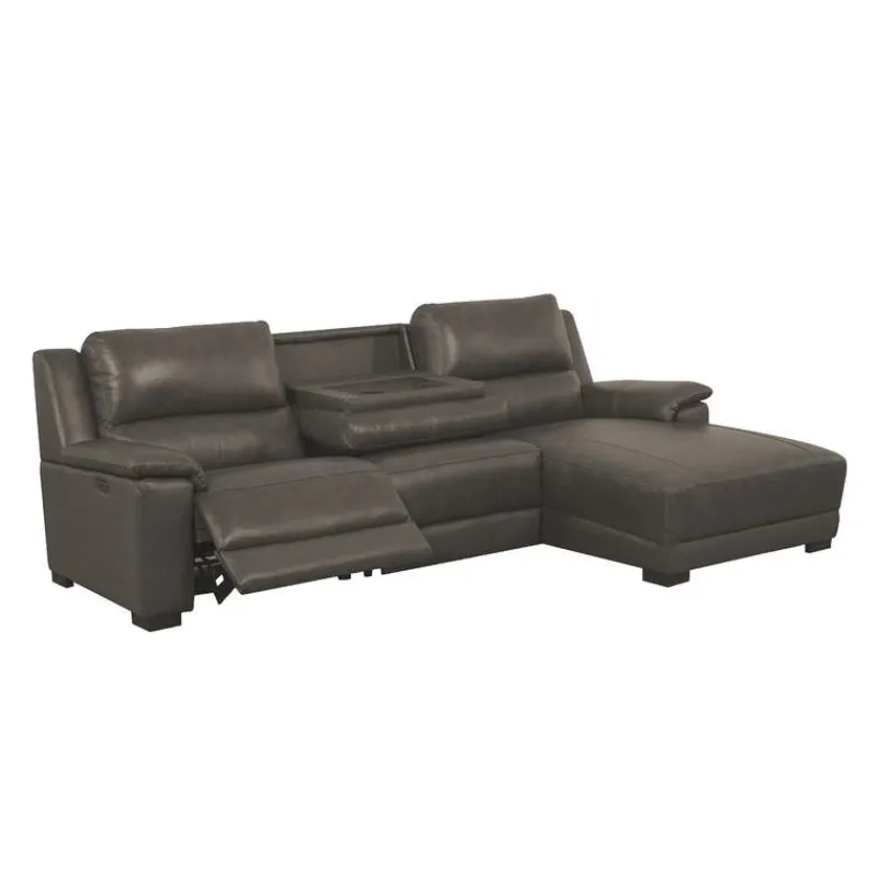 Genuine Leather Power Reclining Sectional with Chaise and Fold-Down Backrest