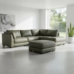 HTL Genuine Leather Sectional with Right-Side Extra Seat and Matching Ottoman