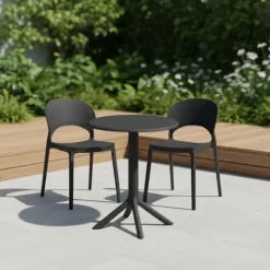 Indoor/Outdoor Resin Dining Set with Round Table and 2 Stackable Chairs –