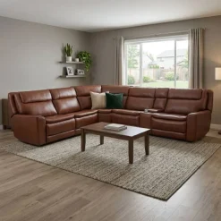 Leather Power Sectional with Massage, Heat and Audio Console - 6 pcs