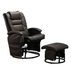 Leather Reclining Ball-Bearing Swivel Glider with Ottoman - Brown