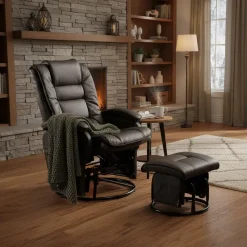 Leather Reclining Ball-Bearing Swivel Glider with Ottoman - Brown