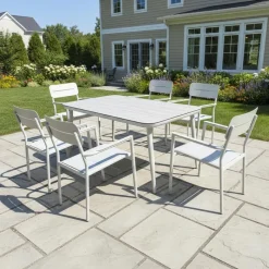 Outdoor Aluminum Dining Set with Tempered Glass Top and 6 Chairs