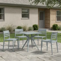 Outdoor Resin Dining Set with 1 Square Table and 4 Stackable Chairs -