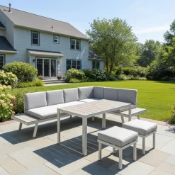 Outdoor Steel Sectional with Dining Table and 2 Stools
