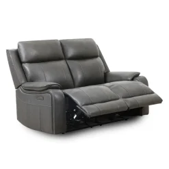 Power Leather Reclining Loveseat with Adjustable Headrests - Grey