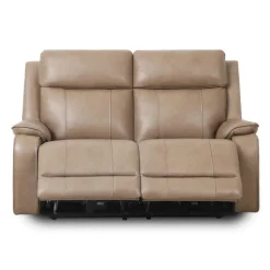 Power Leather Reclining Loveseat with Adjustable Headrests - Taupe