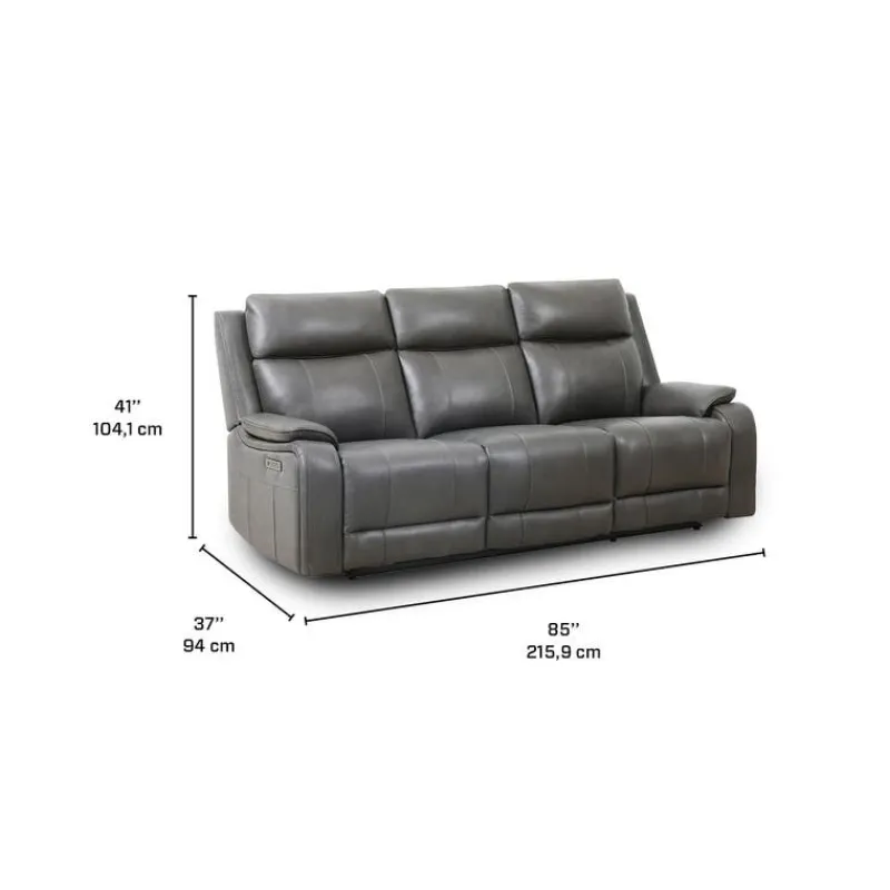 Power Leather Reclining Sofa with Adjustable Headrests - Grey