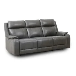 Power Leather Reclining Sofa with Adjustable Headrests - Grey