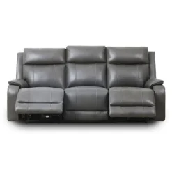 Power Leather Reclining Sofa with Adjustable Headrests - Grey