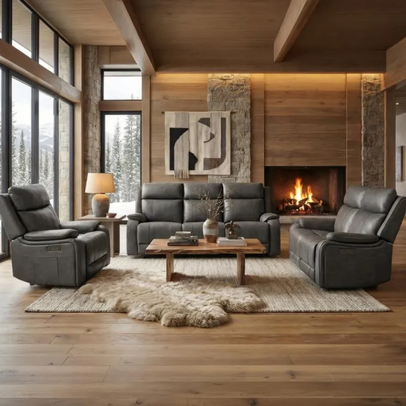 Power Leather Reclining Sofa with Adjustable Headrests - Grey