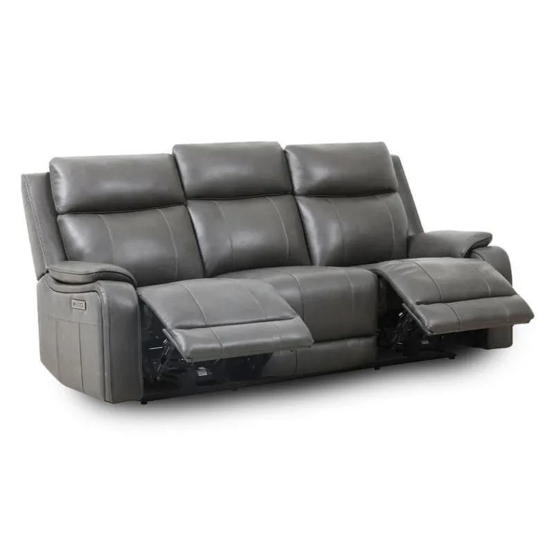 Power Leather Reclining Sofa with Adjustable Headrests - Grey