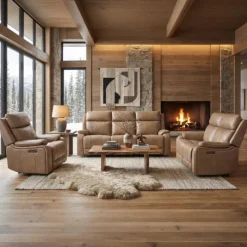 Power Leather Reclining Sofa with Adjustable Headrests - Taupe