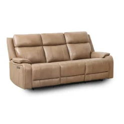 Power Leather Reclining Sofa with Adjustable Headrests - Taupe