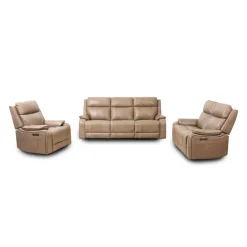 Power Leather Reclining Sofa with Adjustable Headrests - Taupe