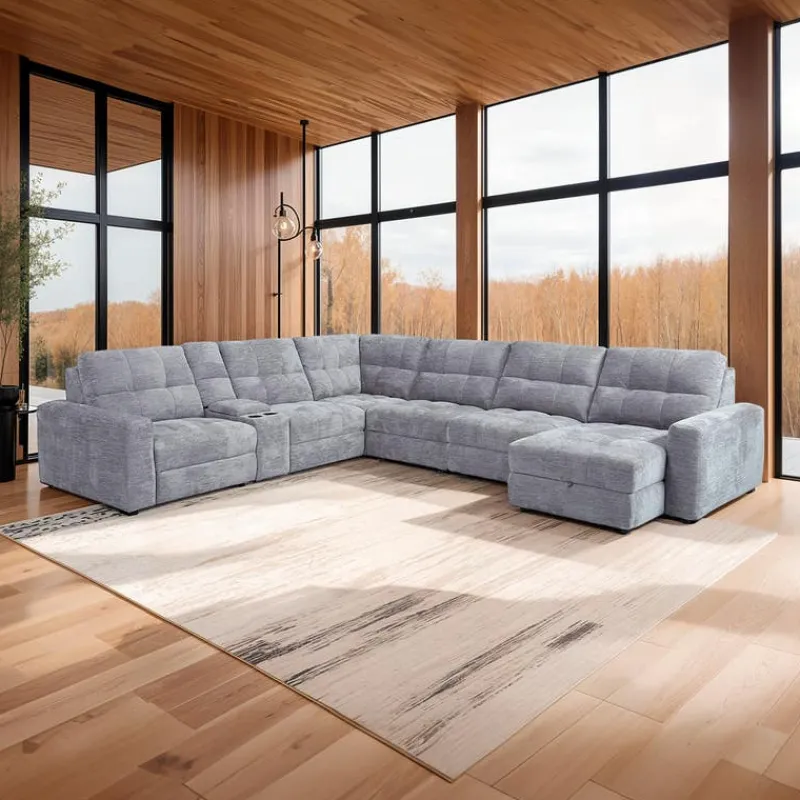 Power Modular Reclining Sectional with 2 Sliders, Right-Side Chaise with Storage, and Console - 7 pcs