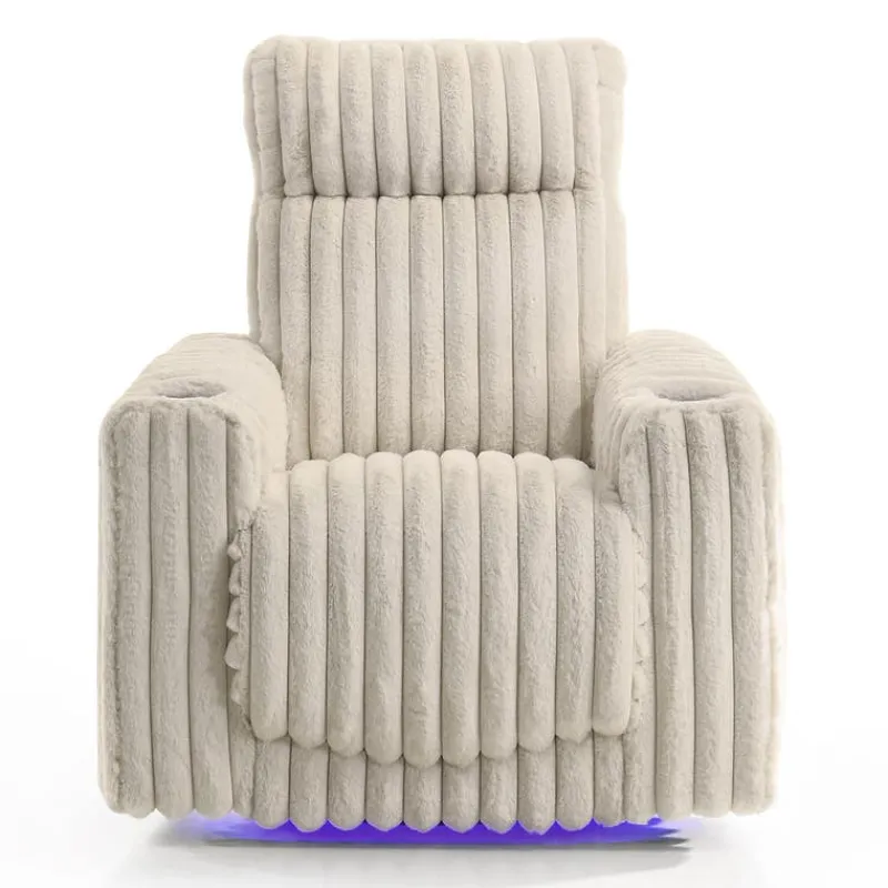 Power Swivel Corduroy Velvet Rocker Recliner with Cup Holders and LED Lighting -