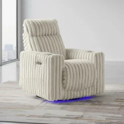 Power Swivel Corduroy Velvet Rocker Recliner with Cup Holders and LED Lighting -