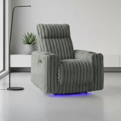 Power Swivel Corduroy Velvet Rocker Recliner with Cup Holders and LED Lighting -