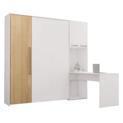 Queen Murphy Bed with Storage Cabinets and Desk - White &