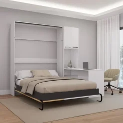 Queen Murphy Bed with Storage Cabinets and Desk - White &