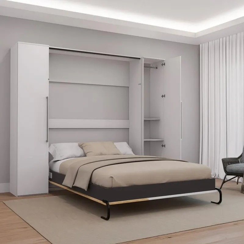 Queen Murphy Bed with Storage Units - White &