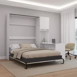Queen Murphy Bed with Storage Cabinets and Desk - White &