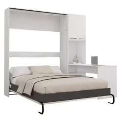 Queen Murphy Bed with Storage Cabinets and Desk - White &