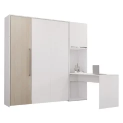 Queen Murphy Bed with Storage Cabinets and Desk - White &