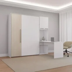 Queen Murphy Bed with Storage Cabinets and Desk - White &