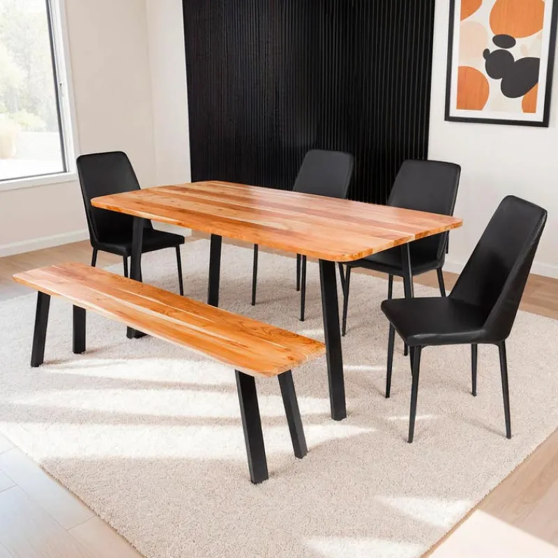 Rectangular Solid Wood Dining Table, 4 Chairs & Bench - 67"