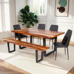 Rectangular Solid Wood Dining Table, 4 Chairs & Bench - 72