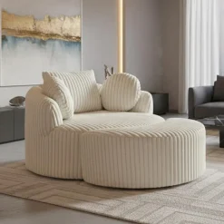 Rolled & Compressed Sealy Corduroy Armchair-in-a-Box with an Ottoman - Cream