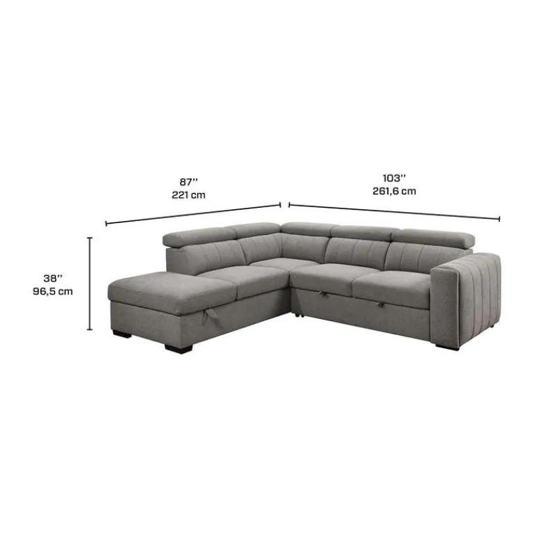 Sectional Bed with Left-Side Chaise, Adjustable Headrests, and Storage