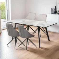 Sintered Stone Table and 4 Kitchen Armchairs - Cream and Grey