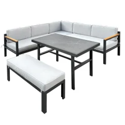 Steel Outdoor Sectional with Dining Table and Bench - 3 pcs