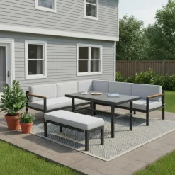 Steel Outdoor Sectional with Dining Table and Bench - 3 pcs