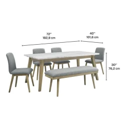 White Marble Top Dining Table, 4 Chairs and 1 Bench - Grey
